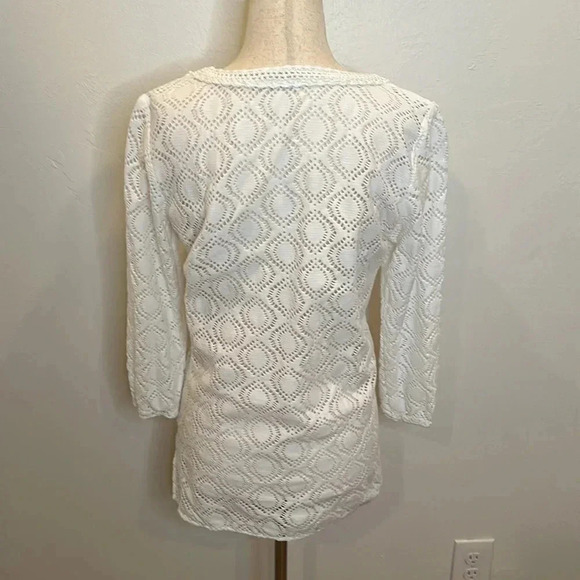 J. McLAUGHLIN WHITE TUNIC TOP LASERCUT LACE CROCHET TRIM 3/4 SLEEVES - Picture 5 of 6